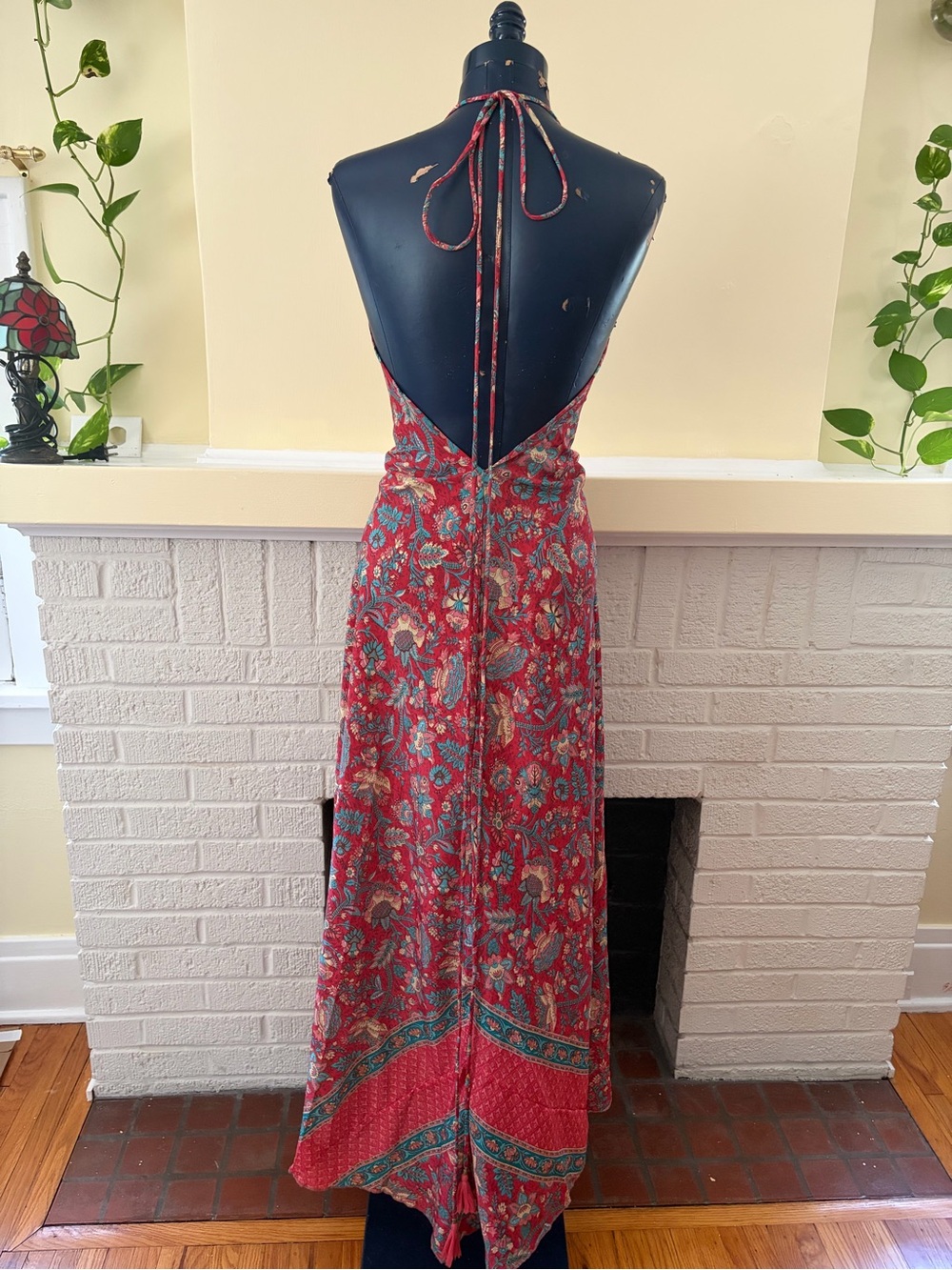 Silk Red/Pink Floral Backless Maxi Dress
